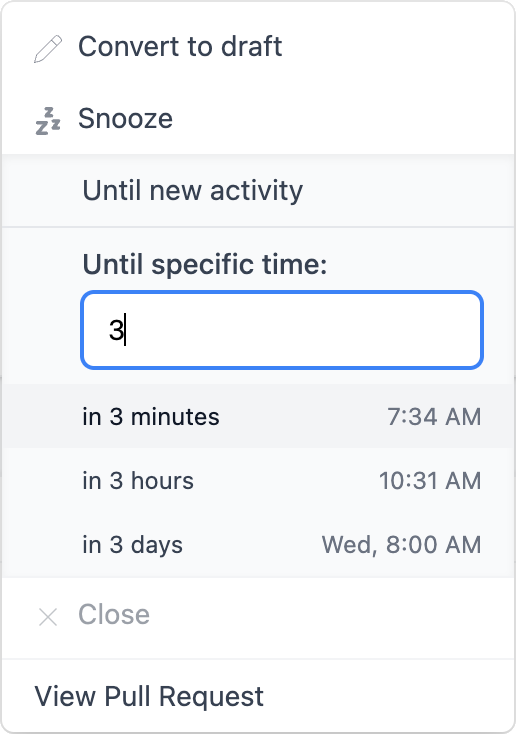 Snoozing pull requests until a specific date/time