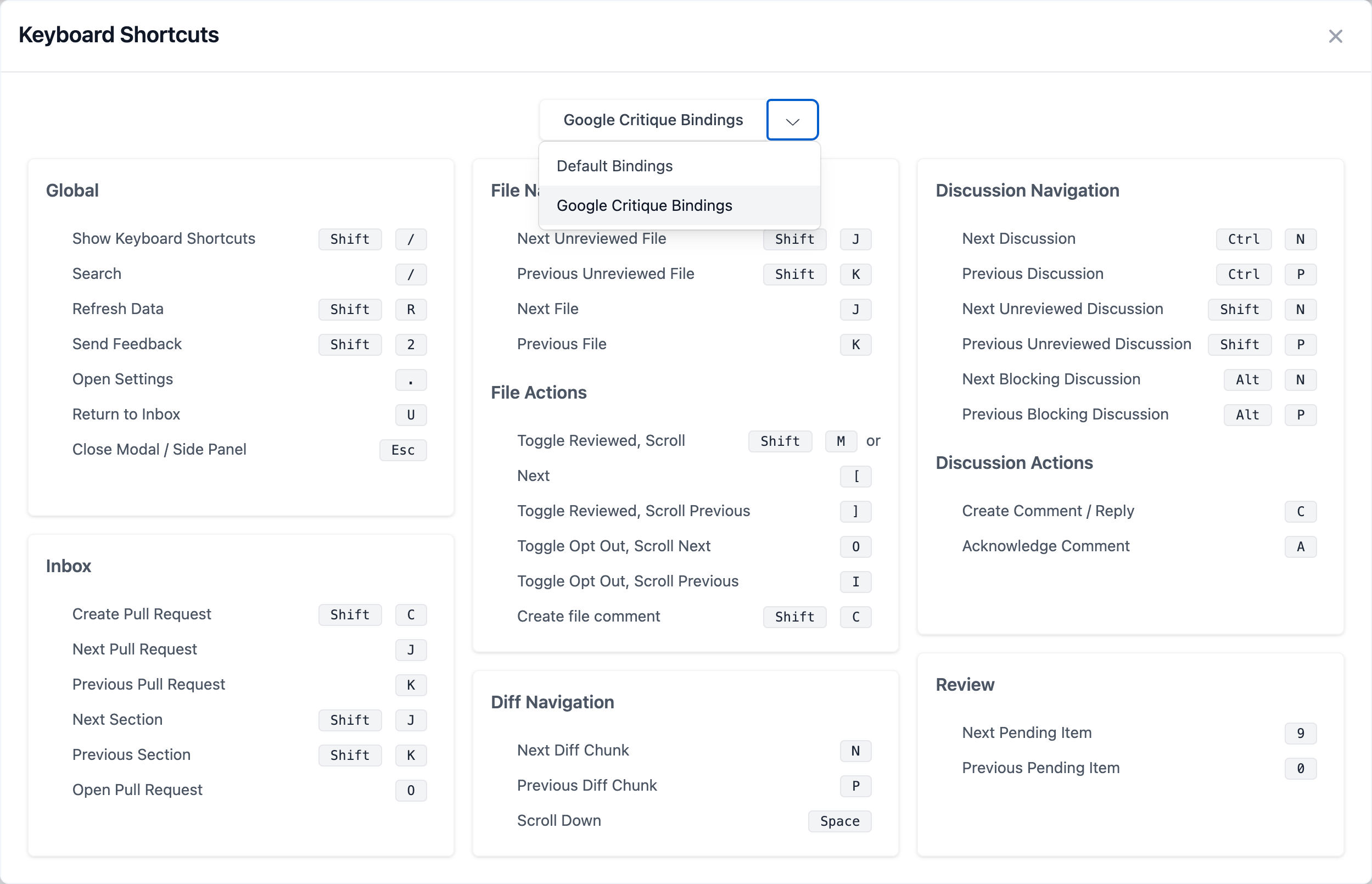 Critique Keyboard Shortcuts